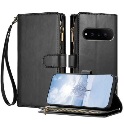  For Natural AI Phone Leather Case Zipper Wallet Stand Shockproof Phone Cover with Wrist Strap - Black