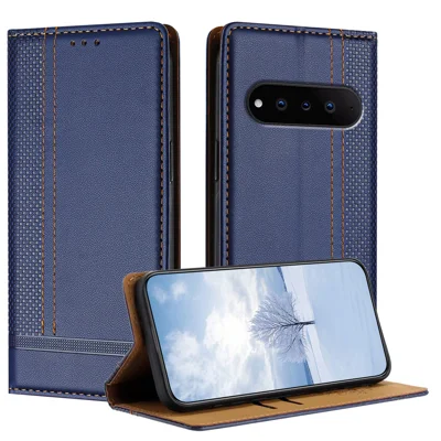 For Natural AI Phone Case L-Shaped Grid Pattern Leather Stand Phone Cover with Card Slots - Blue