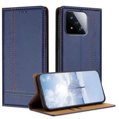 For Xiaomi 17 Max Case L-Shaped Grid Pattern Leather Stand Phone Cover with Card Slots - Blue