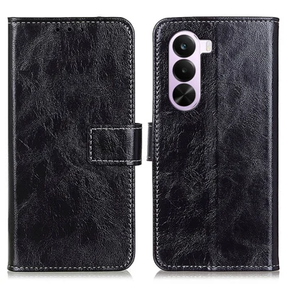For OnePlus Nord CE6 Lite 5G / Realme P4x 5G Case Wallet Leather Phone Cover Crazy Horse Texture - Black