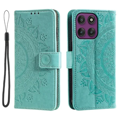 Ställfodral till Motorola Moto G37 5G / G47 5G med inpräntat totempattern, plånboksfodral i PU-läder med handledsband – mintgrön