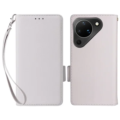 For Huawei Pura 90 Case Litchi Texture Wallet Leather Phone Cover with Wrist Strap - White