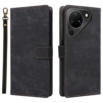 For Huawei Pura 90 Case Wallet RFID Blocking PU Leather Phone Cover Stand with Strap - Black