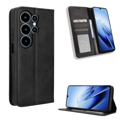  For Blackview Wave 10 Leather Case Wallet Stand Retro Texture Phone Cover - Black
