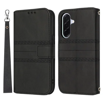 For Samsung Galaxy A27 5G Case Wallet Skin-Touch Leather Imprinted Phone Cover with Wrist Strap - Black