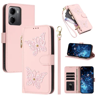 For Xiaomi Redmi 15a 5G Case Glitter Butterfly Zipper Pocket Stand Leather Phone Cover with Hand Strap  /  Shoulder Strap - Pink