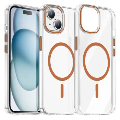  For iPhone 15 Plus Clear Magnetic Case PC Anti Drop Phone Back Cover Compatible with MagSafe - Orange