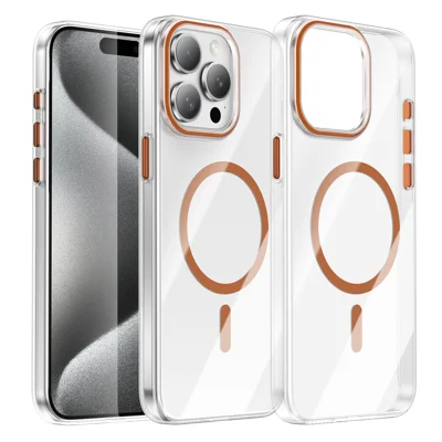 Coque magnétique transparente pour iPhone 15 Pro Max, coque arrière antidéflagrante en PC compatible MagSafe - Orange