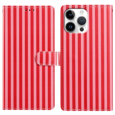  For iPhone 15 Pro Wallet Case Vintage Stripes Leather Stand Flip Phone Cover with Wrist Strap - Red