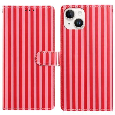  For iPhone 15 Plus Wallet Case Vintage Stripes Leather Stand Flip Phone Cover with Wrist Strap - Red