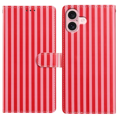  For iPhone 16 Plus Wallet Case Vintage Stripes Leather Stand Flip Phone Cover with Wrist Strap - Red
