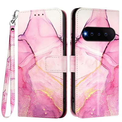  For Natural AI Phone Case with Strap Marble Pattern Leather Phone Cover Card Holder - Pink / Purple / Gold LS001