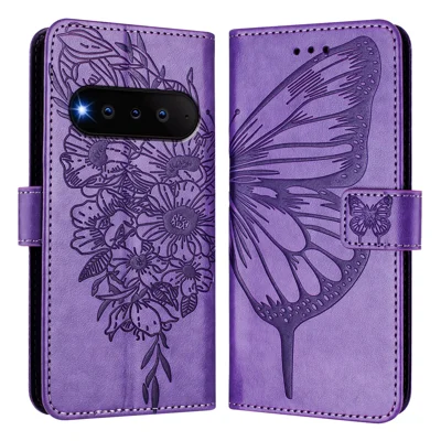  For Natural AI Phone Wallet Case with Wrist Strap Butterfly Imprint Leather Phone Cover - Light Purple