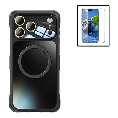 Für iPhone 17 Pro Magnetisches Case Luftkissen Anti-Drop TPU + PC Handyhülle mit gehärtetem Glas Displayschutz - Titan Schwarz