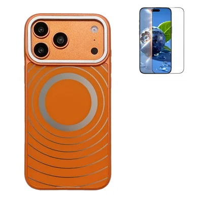 Für iPhone 17 Pro Magnetische Hülle, Mattes Wellenmuster, PC + TPU Handyhülle mit Gehärtetem Glas Displayschutzfolie - Orange