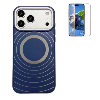 For iPhone 17 Pro Max Magnetic Case Frosted Wave Texture PC + TPU Phone Cover with Tempered Glass Screen Protector - Blue