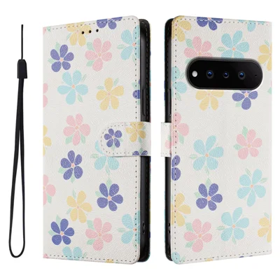  For Natural AI Phone Case Pattern Print PU Leather Wallet Phone Cover with Wrist Strap - Colored Flowers