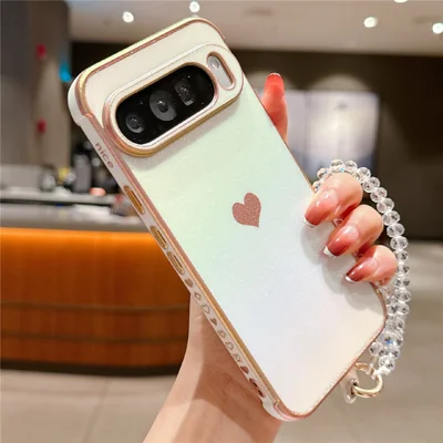 For Google Pixel 9 Pro XL Case Heart Pattern Iridescent Gradient TPU Phone Cover with Beaded Strap - Colorful White