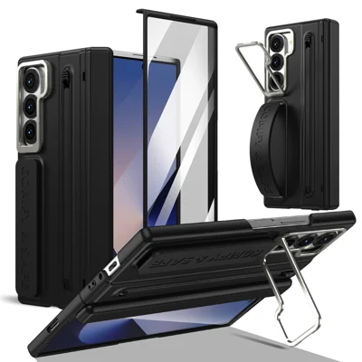 For Samsung Galaxy Z Fold6 5G Case Camera Frame Kickstand Hard PC Phone Cover with Tempered Glass Film  /  Stylus - Black