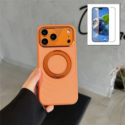 For iPhone 17 Pro Magnetic Case Kickstand Ripple Texture TPU Phone Cover with Tempered Glass Screen Protector - Orange