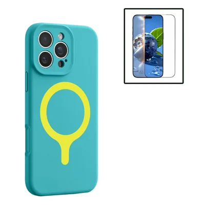 For iPhone 16 Pro Max Magnetic Case Liquid Silicone Anti Scratch Phone Cover with Tempered Glass Screen Protector - Mint Blue