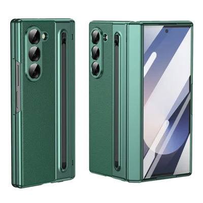 For Samsung Galaxy Z Fold6 5G Case Matte Electroplated Leather + PC Phone Cover with Screen Film / Stylus - Green