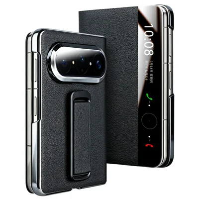 QIALINO For Huawei Pura X Max Case Genuine Cow Leather View Window Kickstand Phone Cover - Black