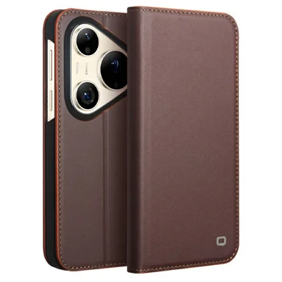 QIALINO For Huawei Pura 90 Pro Wallet Case Stand Genuine Cow Leather Flip Phone Cover - Brown