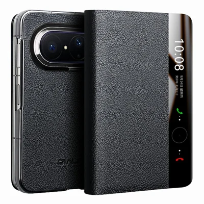 QIALINO For Huawei Pura X Max Case View Window Flip Genuine Cow Leather Slim Phone Cover - Black