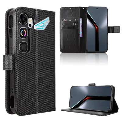 Capa Carteira de Couro com Alça para ZTE nubia Neo 5 GT 5G, Capa com Textura de Diamante - Preto