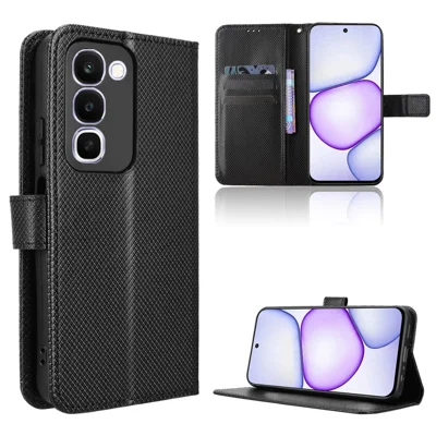 Futerał skórzany z paskiem i portfelem na telefon Realme C100 4G, pokrywa z diamentową teksturą - Czarny
