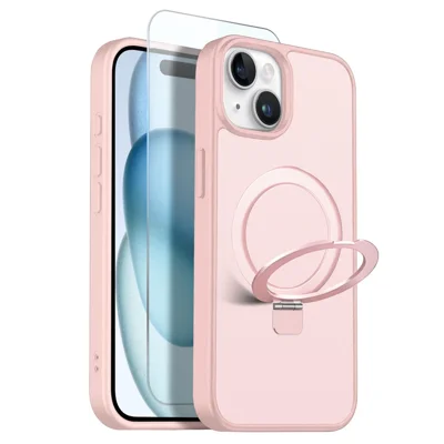 NORTHJO Capa para iPhone 15 Plus com Suporte Magnético Invisível com Anel O, Compatível com MagSafe, Capa Transparente Fosca à Prova de Choques com Filme de Vidro Temperado - Rosa