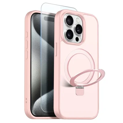 NORTHJO Coque pour iPhone 15 Pro Max avec Support Anneau Magnétique Invisible Compatible avec MagSafe, Coque Antichoc Translucide Mate avec Film en Verre Trempé - Rose