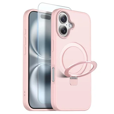 NORTHJO Capa para iPhone 16 Plus com Suporte Magnético Invisível O-Ring Compatível com MagSafe, Capa Transparente Mate à Prova de Choque com Película de Vidro Temperado - Rosa