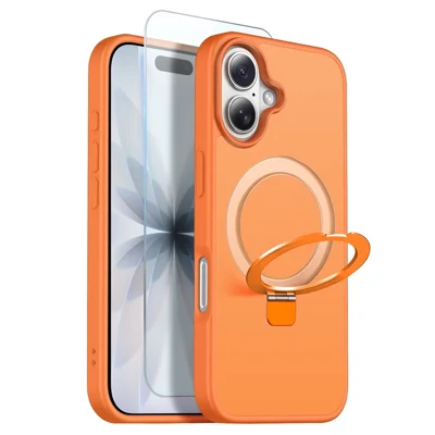 NORTHJO Fodral för iPhone 17 med osynlig magnetisk O-ringstånd, kompatibel med MagSafe, genomskinligt matt, stötsäkert mobilfodral med härdat glasfilm – Orange
