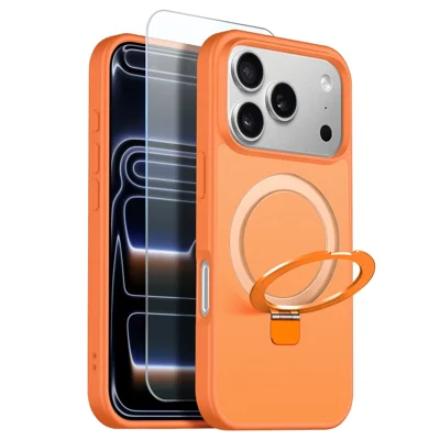 NORTHJO Fodral för iPhone 17 Pro Max med osynlig magnetisk O-ringstånd, kompatibel med MagSafe, genomskinligt matt, stötsäkert mobilfodral med temperskärmsfilm – Orange