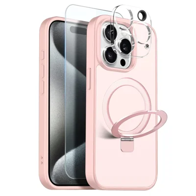 NORTHJO Coque pour iPhone 15 Pro Max avec Support Anneau Magnétique Compatible avec MagSafe Coque Translucide Matte Antichoc avec Film en Verre Trempé + Film d'Objectif - Rose