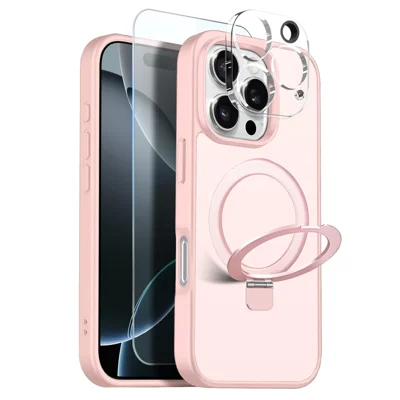 NORTHJO Capa para iPhone 16 Pro Max com Suporte Magnético de Anel O Compatível com MagSafe Capa Transparente Mate À Prova de Choque com Filme de Vidro Temperado + Filme da Lente - Rosa