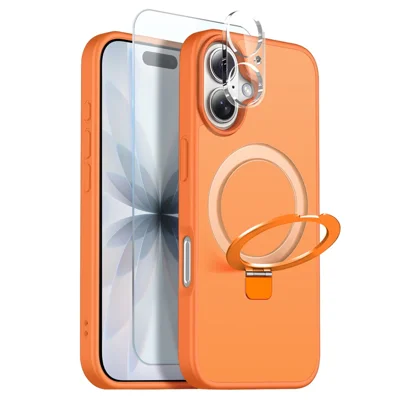 NORTHJO For iPhone 17 Case with Magnetic O-Ring Stand Compatible with MagSafe Translucent Matte Shockproof Phone Cover with Tempered Glass Film + Lens Film - Orange