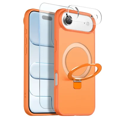 NORTHJO Coque pour iPhone Air avec Support Anneau Magnétique Compatible MagSafe, Coque Translucide Mat Antichoc avec Film en Verre Trempé + Film de Lentille - Orange