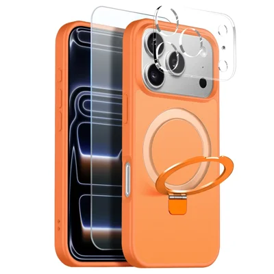 NORTHJO For iPhone 17 Pro Max Case with Magnetic O-Ring Stand Compatible with MagSafe Translucent Matte Shockproof Phone Cover with Tempered Glass Film + Lens Film - Orange