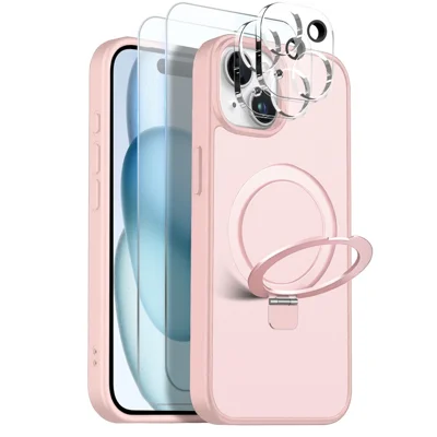 NORTHJO For iPhone 15 Plus Case with Magnetic Stand Compatible with MagSafe Translucent Matte Shockproof Phone Cover with 2Pcs Tempered Glass Protector + 2Pcs Lens Film - Pink