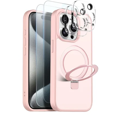 NORTHJO Coque pour iPhone 15 Pro Max avec Support Magnétique Compatible avec MagSafe, Étui Translucide Mat Antichoc avec 2 Protecteurs d'Écran en Verre Trempé + 2 Films de Protection d'Objectif - Rose