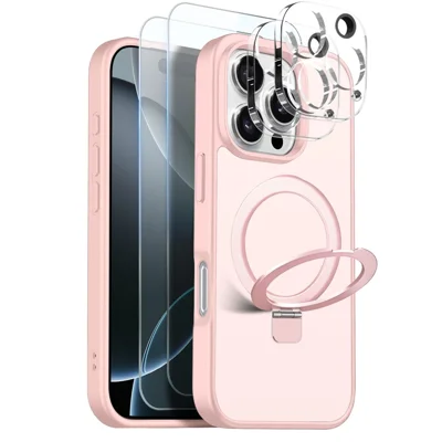NORTHJO Coque pour iPhone 16 Pro Max avec Support Magnétique Compatible MagSafe, Étui Translucide Mat Antichoc avec 2 Protecteurs d'Écran en Verre Trempé + 2 Films de Protection d'Objectif - Rose