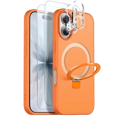 NORTHJO For iPhone 17 Case with Magnetic Stand Compatible with MagSafe Translucent Matte Shockproof Phone Cover with 2Pcs Tempered Glass Protector + 2Pcs Lens Film - Orange