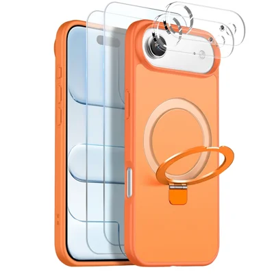 NORTHJO Étui pour iPhone Air avec Support Magnétique Compatible MagSafe Coque Transparente Mat Anti-choc avec 2 Protecteurs d'Écran en Verre Trempé + 2 Films de Protection d'Objectif - Orange