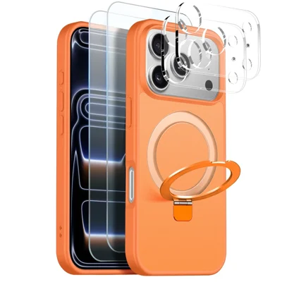 NORTHJO For iPhone 17 Pro Case with Magnetic Stand Compatible with MagSafe Translucent Matte Shockproof Phone Cover with 2Pcs Tempered Glass Protector + 2Pcs Lens Film - Orange