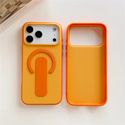 For iPhone 17 Pro Magnetic Case 2-in-1 Dual Color Shockproof Cover with Sliding Hidden Stand Compatible with Magsafe - Orange
