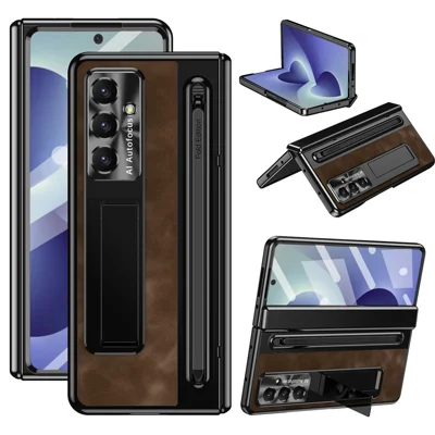 Für Samsung Galaxy Z Fold8 Hülle Leder+PC Kippständer Handyhülle mit gehärtetem Glas Film, Stift - Kaffee