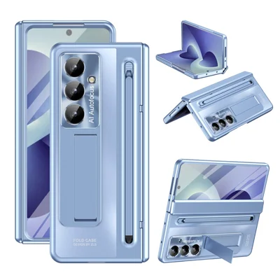 For Samsung Galaxy Z Fold8 Ultra Case Kickstand Hinge PC Phone Cover with Tempered Glass Film, Stylus - Blue